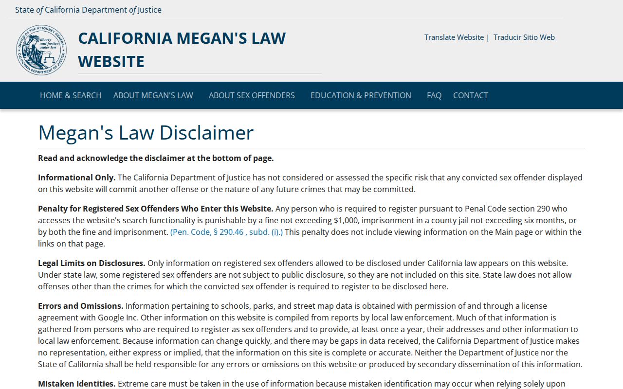Inglewood people search entry for the California Megan's Law registry