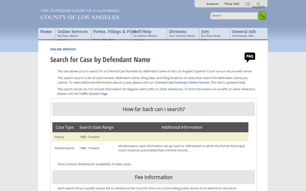 Inglewood people search in the Los Angeles Superior Court criminal defendant index