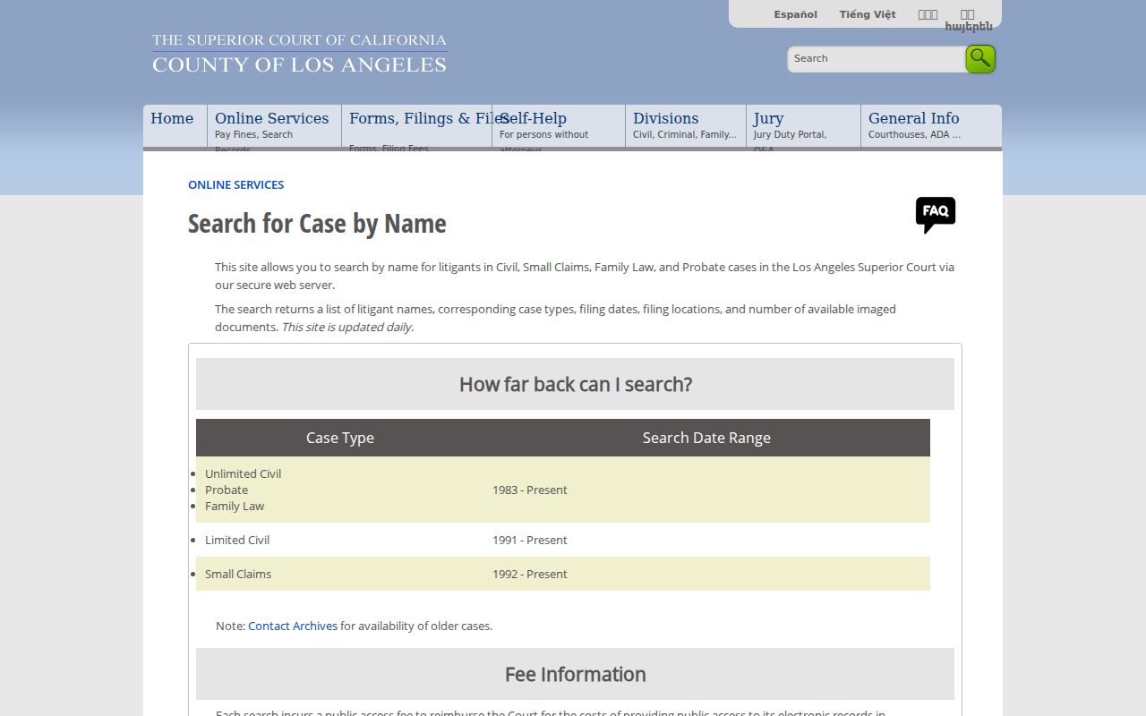 Inglewood people search in the Los Angeles Superior Court civil party index