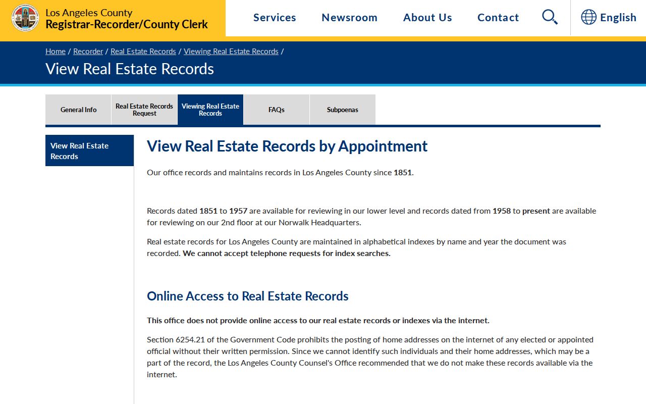 Inglewood public records appointment page for Los Angeles County deeds