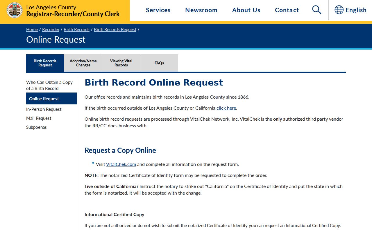 Inglewood public records access page for Los Angeles County birth certificates