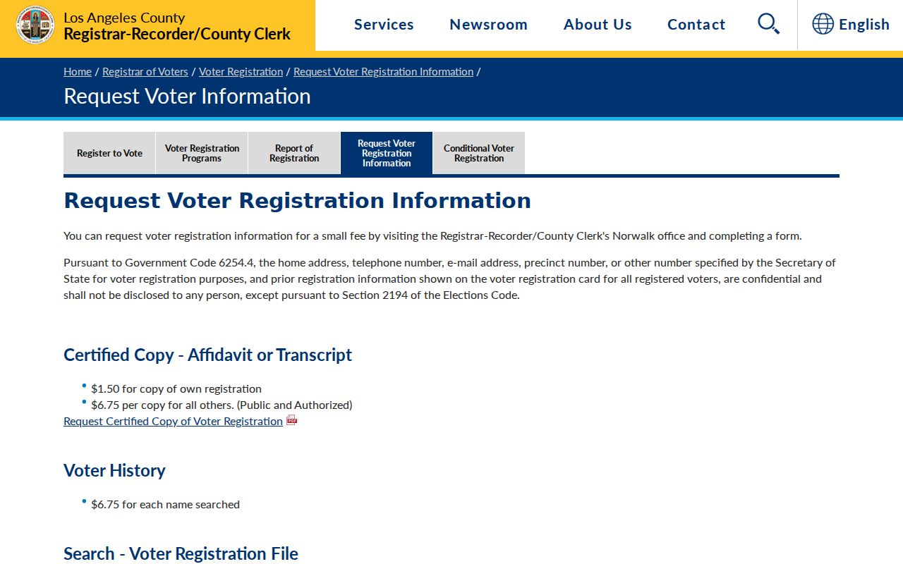 Inglewood voter records request page from Los Angeles County